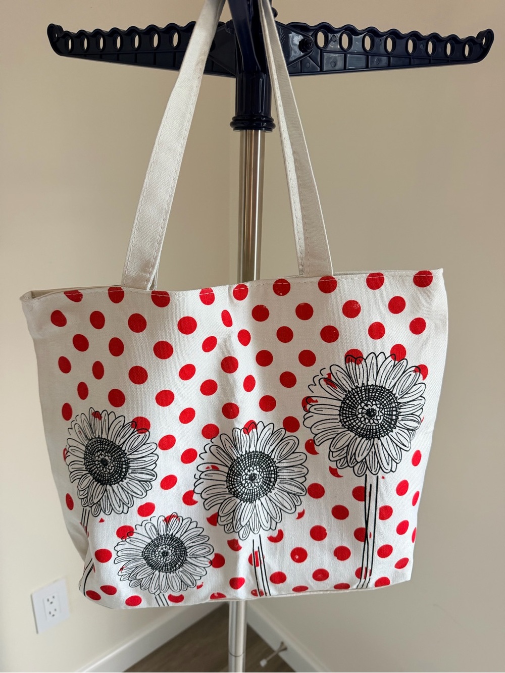Canvas Polka Dot Sunflower Tote Bag - White & Red